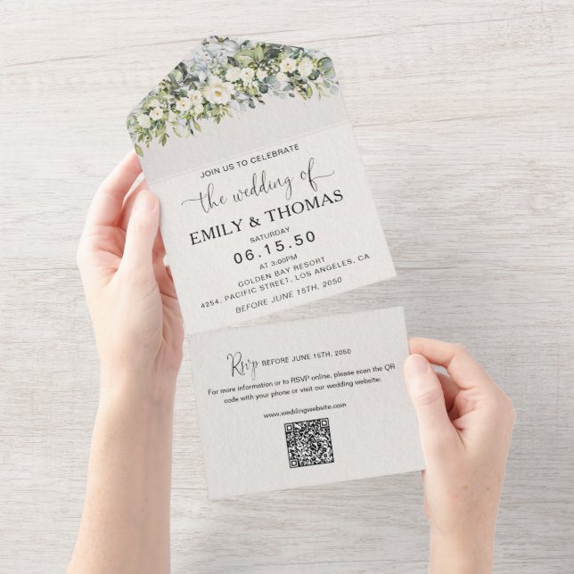 Faire-part de mariage tout-en-un à fleurs blanches (Déchirure)
