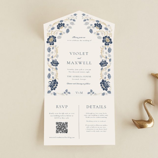 Faire-part de mariage tout-en-un à fleurs bleu mar (Navy Blue Art Nouveau All In One Wedding Invitation with Details and RSVP Card)