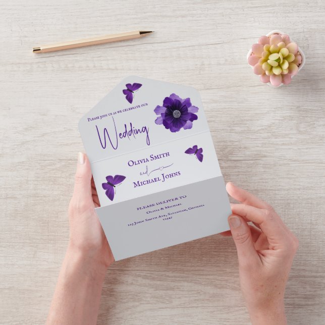 Faire-part de mariage tout-en-un à fleurs gris vio (Vidéo)