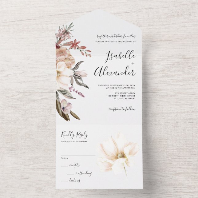Faire-part de mariage tout-en-un à l'aquarelle Fle (À l'intérieur)