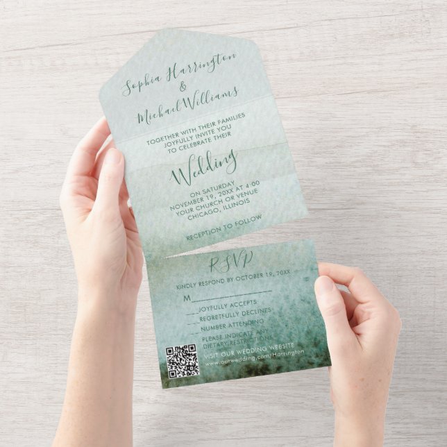 Faire-part de mariage tout-en-un aquarelle Bleus d (Déchirure)