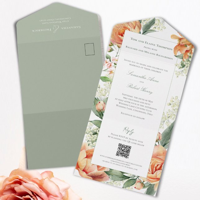 Faire-part de mariage tout-en-un aquarelle fleurs  (Watercolor peach floral wedding invitation with sage green accents and tear-away RSVP card.)
