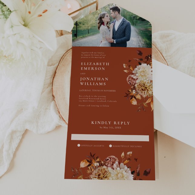 Faire-part de mariage tout-en-un avec photo d'auto (Fall Photo Terracotta Floral Wedding All In One Invitation by Painted Paperie)