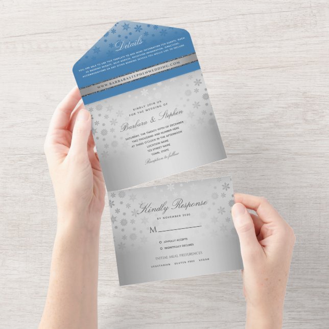 Faire-part de mariage tout-en-un Bleu Argent (Déchirure)