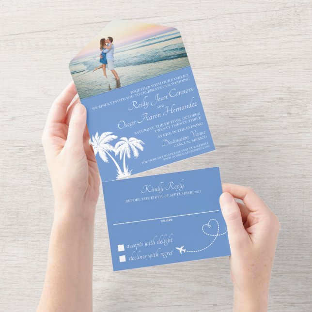 Faire-part de mariage tout-en-un Blue Beach (Déchirure)