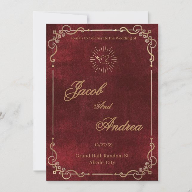 Faire-part de mariage tout-en-un bordeaux et or (Devant)