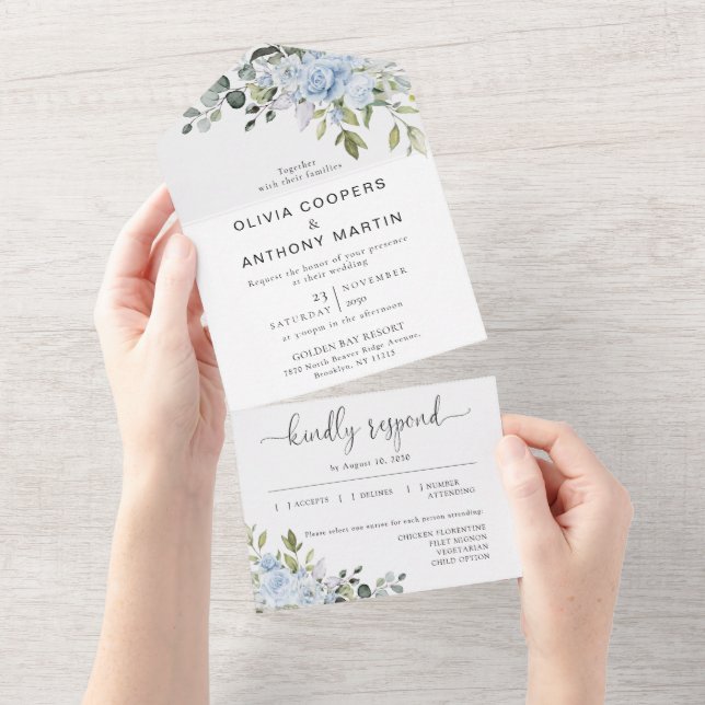 Faire-part de mariage tout-en-un Botanical Bleu do (Déchirure)