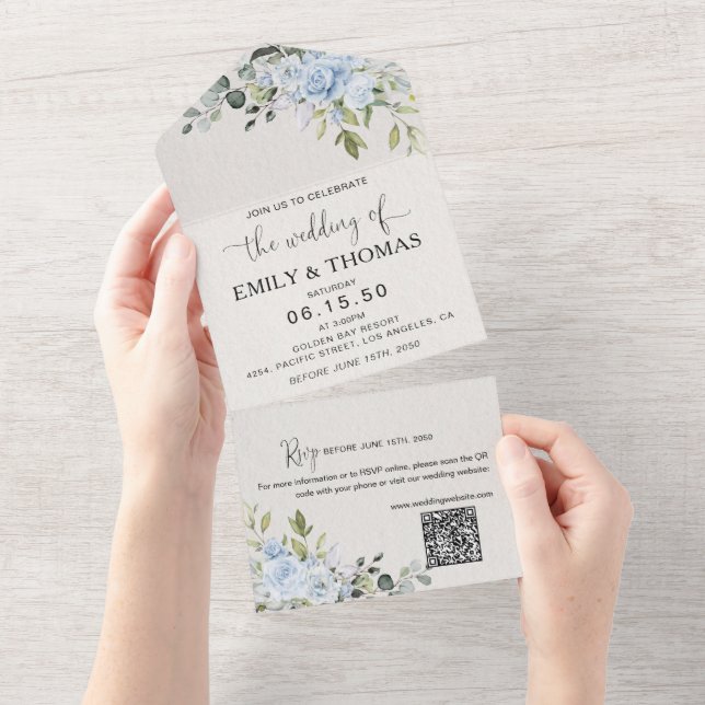 Faire-part de mariage tout-en-un botanique bleu do (Déchirure)