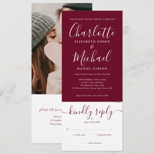 Faire-part de mariage tout-en-un Burgundy Modern S (Devant / Derrière)