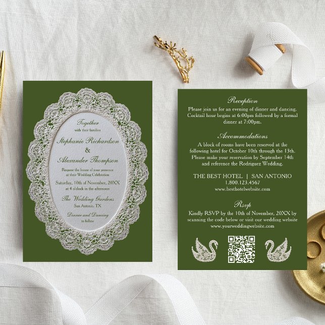 Faire-part de mariage tout-en-un code QR vert oliv (Créateur téléchargé)