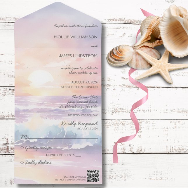 Faire-part de mariage tout-en-un coucher de soleil (Also available without QR code. )