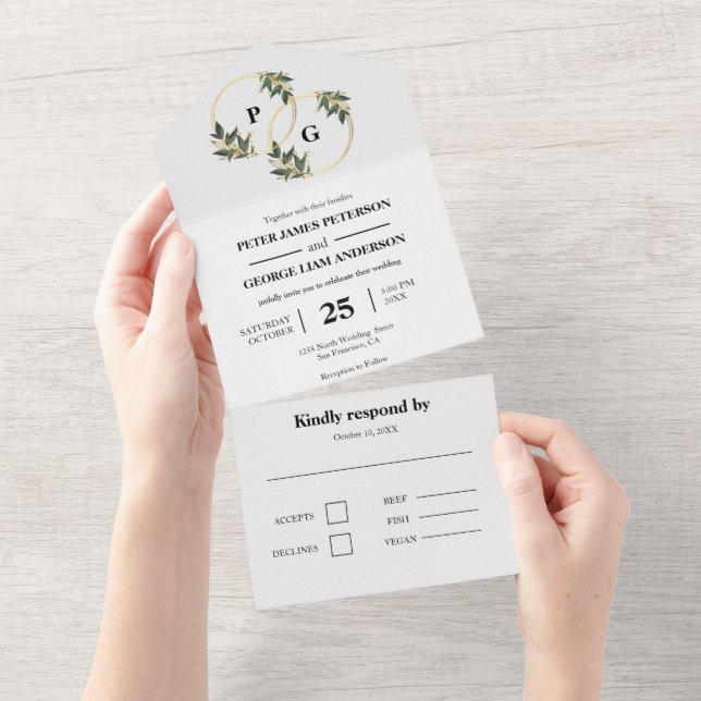 Faire-part de mariage tout-en-un Couronne de feuil (Déchirure)