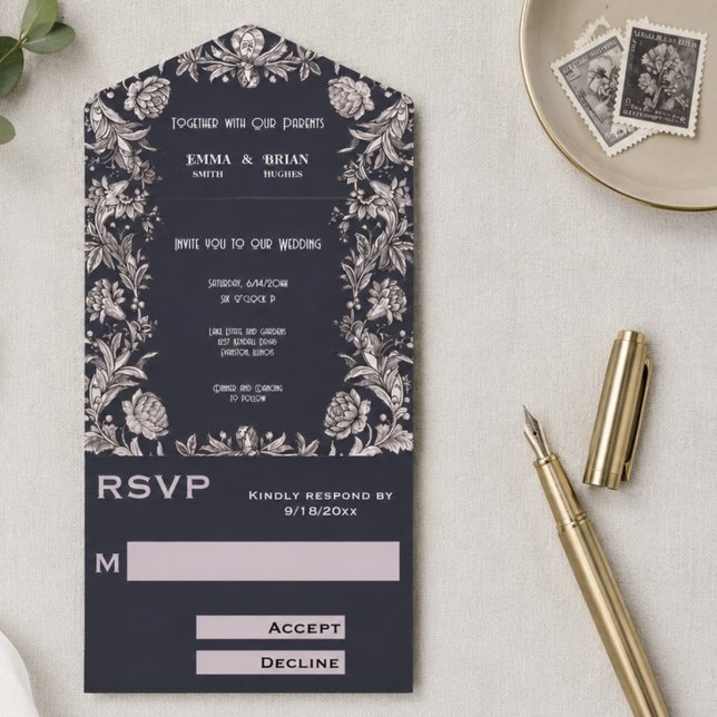 Faire-part de mariage tout-en-un Deep Plum à motif (Créateur téléchargé)