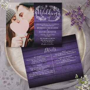 Faire-part de mariage tout en un en bois violet