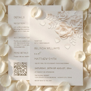 Faire-part de mariage tout-en-un Fleurs 3D en ivoi