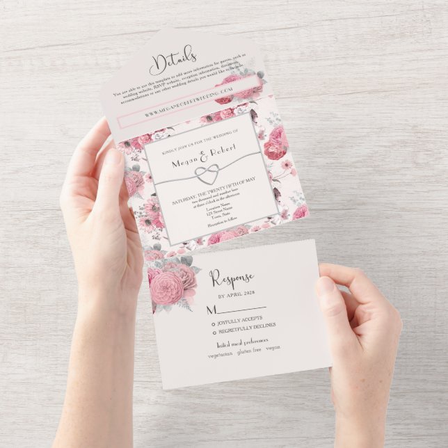 Faire-part de mariage tout-en-un Floral Blush (Déchirure)