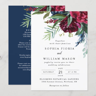 Faire-part de mariage tout-en-un floral bordeaux m