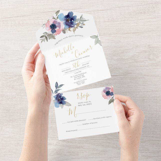 Faire-part de mariage tout-en-un floral Navy & Blu (Déchirure)