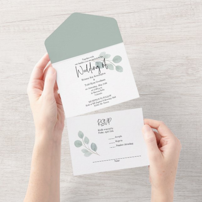 Faire-Part de Mariage Tout en Un Minimal Vert Euca (Déchirure)