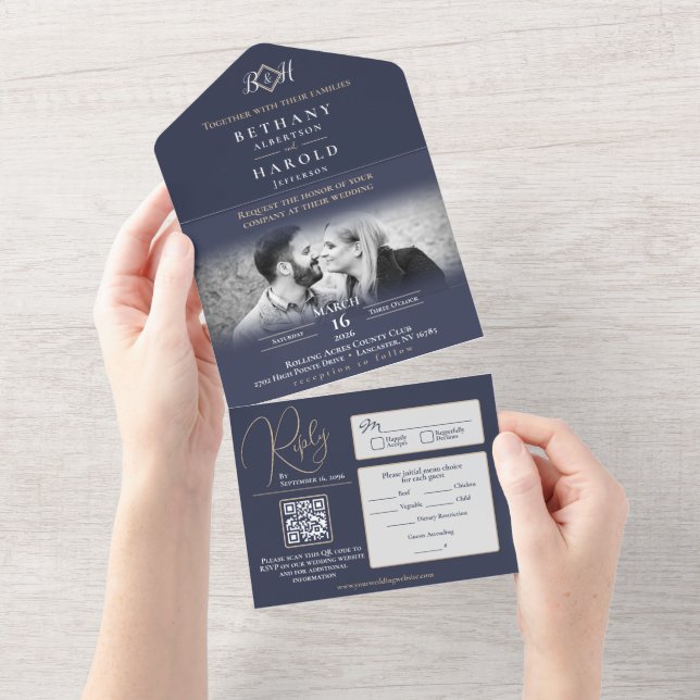 Faire-part de mariage tout-en-un Monogramme Bleu (Déchirure)
