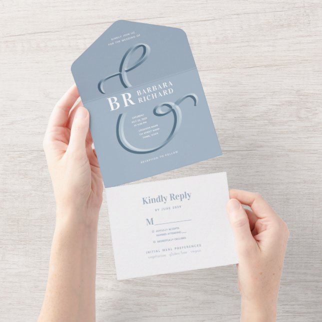 Faire-part de mariage tout-en-un Monogramme Bleu P (Déchirure)