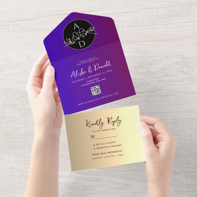 Faire-part de mariage tout-en-un Monogramme Violet (Déchirure)