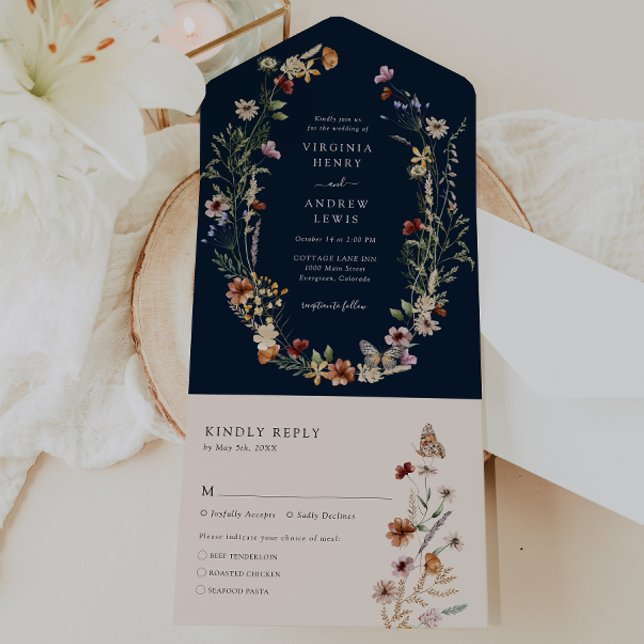 Faire-part de mariage tout-en-un Navy (Navy Blue Floral All in One Wedding Invite by Painted Paperie
)