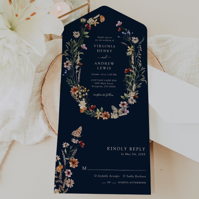 Faire-part de mariage tout-en-un Navy Boho Floral (Navy Boho Floral All in One Wedding Invite by Painted Paperie
)