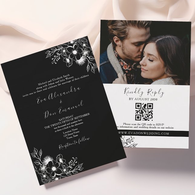 Faire-part de mariage tout-en-un noir et blanc (Créateur téléchargé)