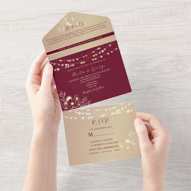 Faire-Part de Mariage Tout-en-Un Or Bourgogne (Déchirure)