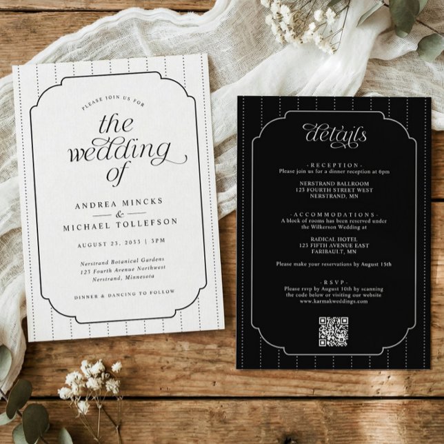 Faire-part de mariage tout-en-un rayé noir et blan (Elegant stripes wedding invitation with scalloped frame, calligraphy, and wedding website QR code.)