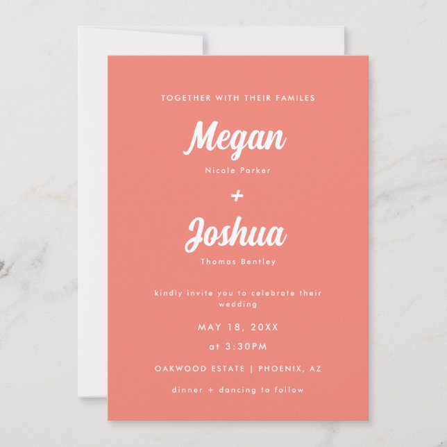 Faire-Part de Mariage Tout-en-Un Rose Corail Écrit (Devant)