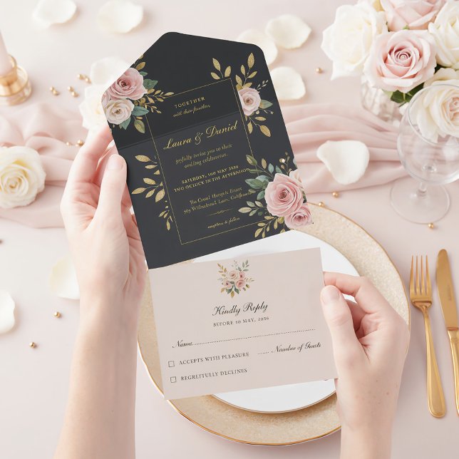 Faire-part de mariage tout-en-un rose et noir (Créateur téléchargé)