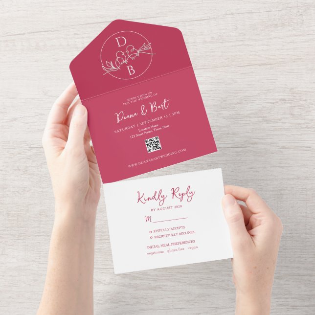 Faire-part de mariage tout-en-un rose vif gras (Déchirure)