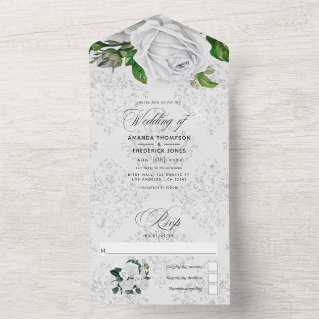 Faire-part de mariage tout-en-un Roses blanches vi (À l'intérieur)