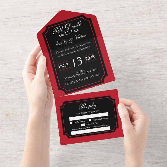 Faire-part de mariage tout-en-un rouge gothique (Déchirure)