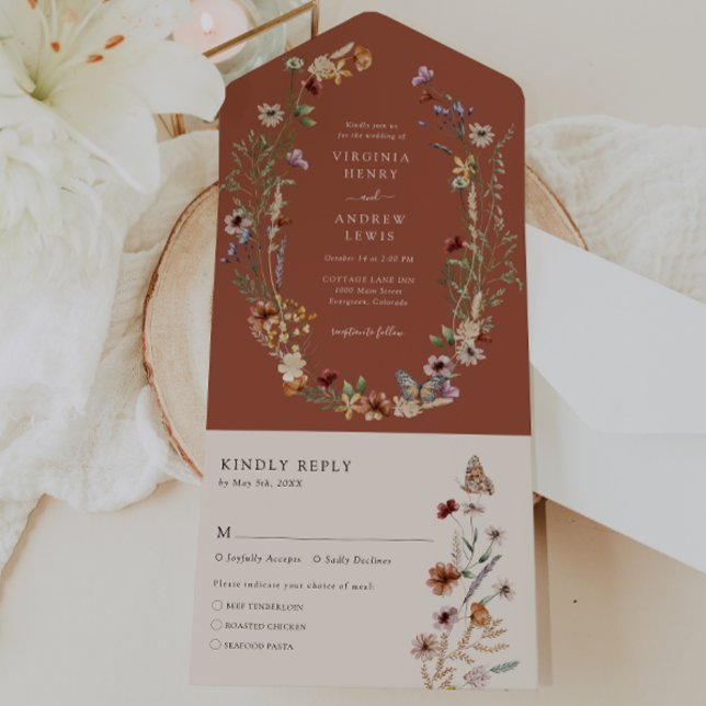Faire-part de mariage tout-en-un Terracotta (Terracotta Boho Floral All in One Wedding Invite with Butterfly by Painted Paperie
)