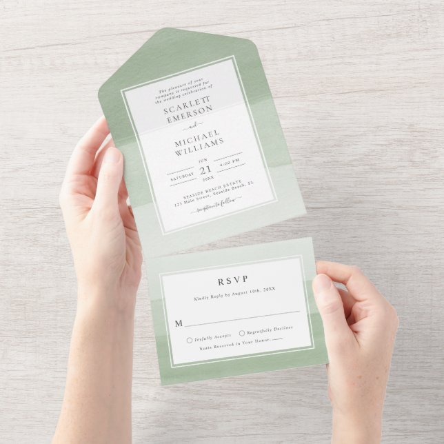 Faire-part de mariage tout-en-un vert aquarelle (Déchirure)