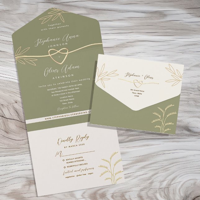 Faire-part de mariage tout-en-un vert olive neutre (Créateur téléchargé)