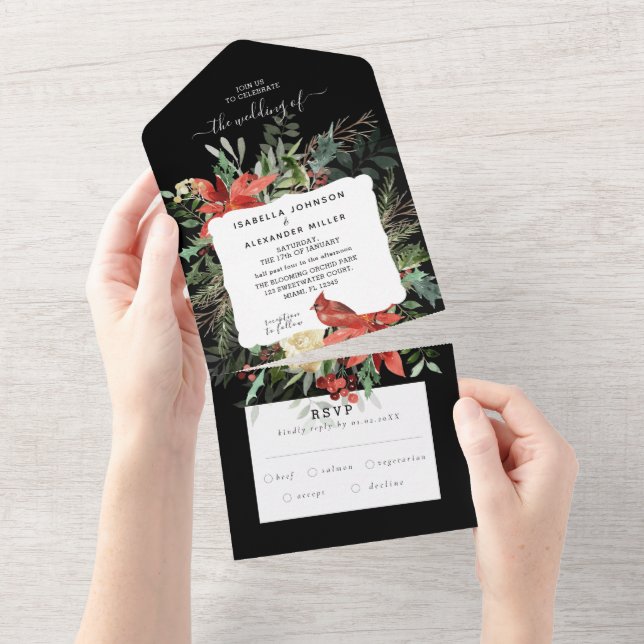Faire-part de mariage tout-en-un Winter Cardinal (Déchirure)