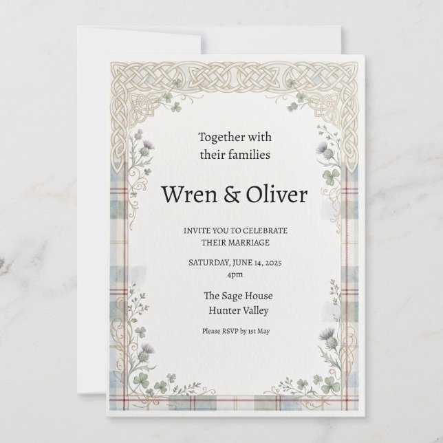 Faire-part de mariage trèfle chardon irlandais éco (Devant)