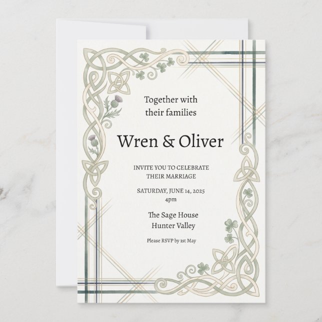 Faire-part de mariage trèfle chardon irlandais éco (Devant)