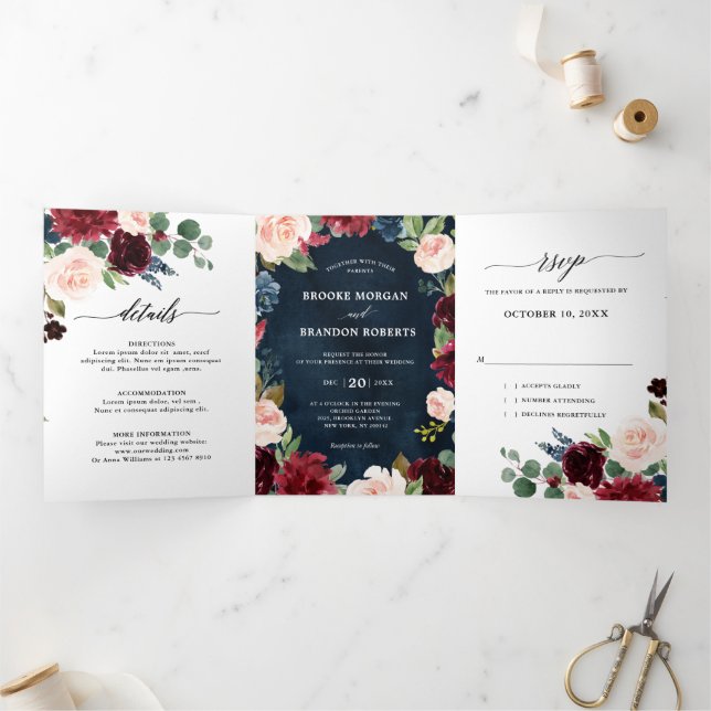 Faire-part de mariage trifold Rouge Bourgogne Navy (Intérieur)