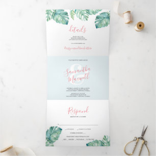 Faire-part de mariage triplé vert tropical