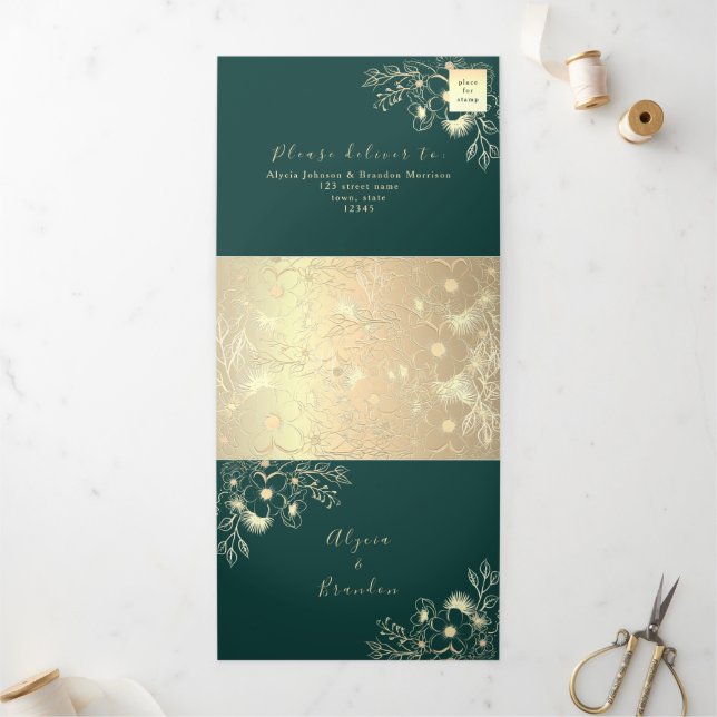 Faire-part de mariage triptyque 3 en 1 vert émerau (Extérieur)