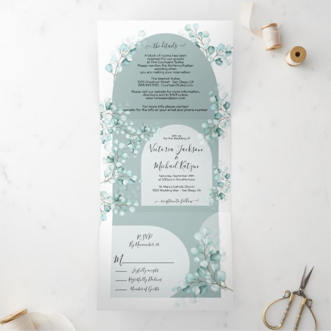 Faire-part de mariage triptyque à arche en eucalyp (Intérieur)