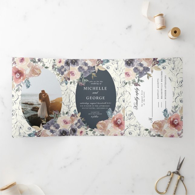 faire-part de mariage triptyque à motif floral ind (Intérieur)