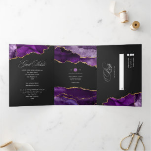Faire-part de mariage triptyque agate or et violet