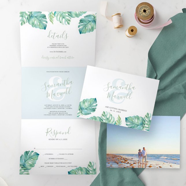 Faire-part de mariage triptyque côtier tropical. (All in one destination wedding invitations watercolor tropical palm leaf art by Victoria Grigaliunas)