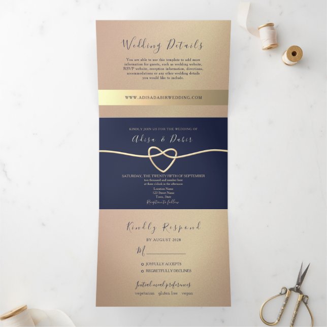 Faire-part de mariage triptyque or rose et marine (Intérieur)